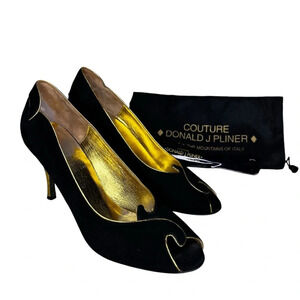 Donald J. Pliner Vintage Couture Black & Gold Suede Leather  Peep Toe Heels 7.5